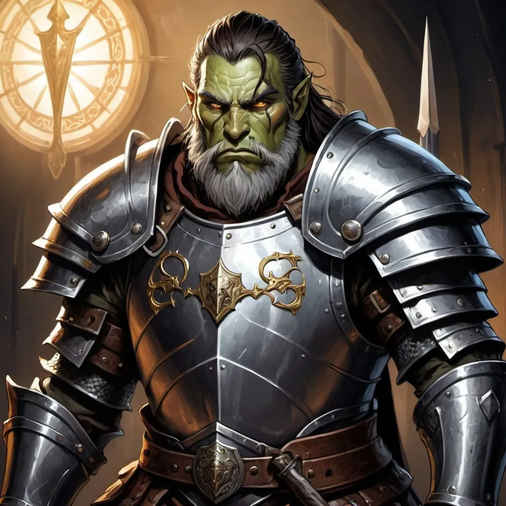 Prompt: tarot card Anime illustration, wise and strong half-orc cleric in full plate armor, steely eyes, holding a shield, with a sword strapped to his back, veteran's demeanor, intense and focused gaze, professional illustration, high fantasy, regal, atmospheric lighting, strong, detailed facial features, beard, heroic,