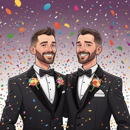 Prompt: colourful cartoon image of two adult grooms in tuxedos on their wedding day with confetti