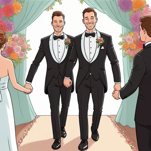 Prompt: colourful cartoon image of two adult grooms in tuxedos on a wedding day 