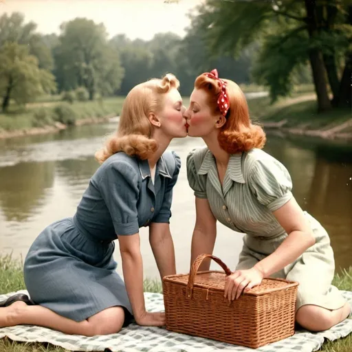 Prompt: 1940's snap shot photograph, 1 blonde woman, 1 red head woman, in love kissing, picnic by the river, picnic basket