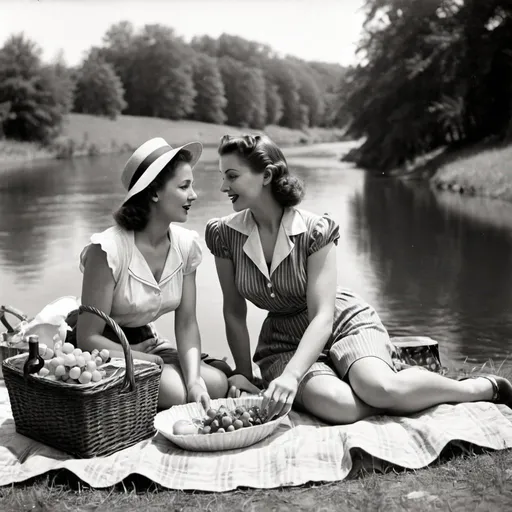 Prompt: 1940's black and white old photograph of 2 women in love picnicing by a river with a picnic basket and wine