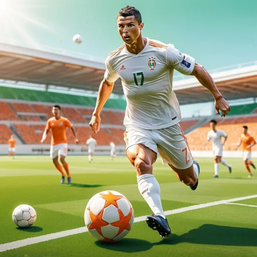 Prompt: Christiano Ronaldo scoring a goal, American anime style, defender in the background, orange and white soccer ball, artificial green grass field, sunny day, realistic color palette with elevated contrasts, anime, sports, footballer, detailed anatomy, professional artwork, vibrant setting, high quality, vivid color tones, dynamic action, intense lighting
