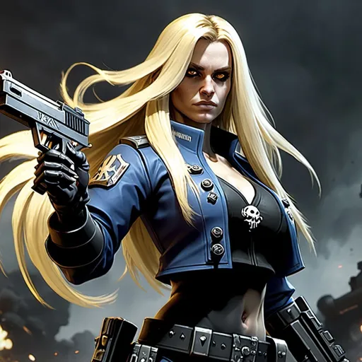 Prompt: A female Warhammer 40,000 operative with long blonde hair dual wielding pistols.