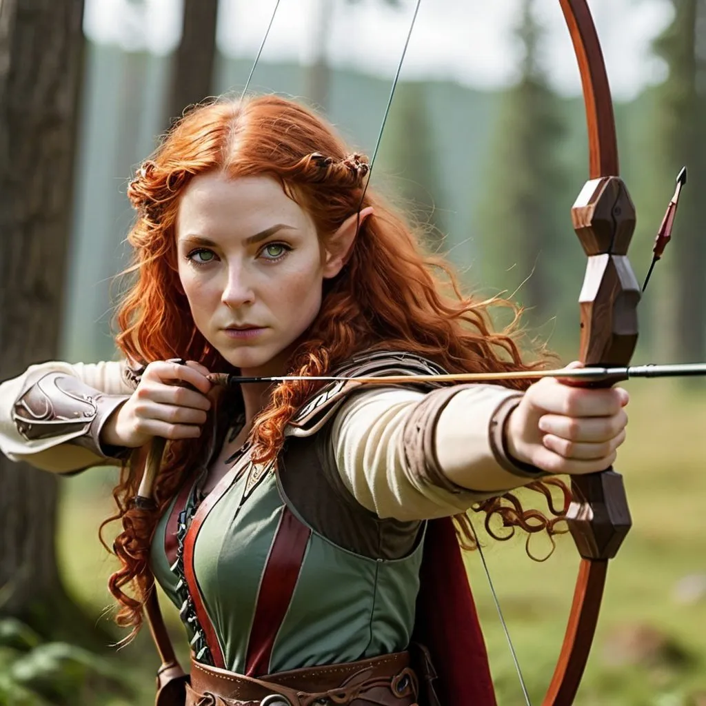 Prompt: Female Elven Ranger With Long Red Curly Hair Aiming A Longbow At A Target In The Horizon