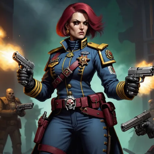 Prompt: A Female Warhammer 40,000: Rogue Trader Officer Wielding Two Pistols.