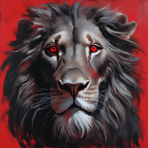 Prompt: <mymodel> a lion with red eyes and a black mane with a red background is featured in this image with a red background, Anne Stokes, gothic art, highly detailed digital painting, poster art