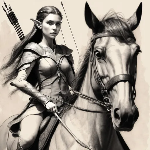 Prompt: Sketch, elf, female, on horseback, bow and arrows, pencil detail texture