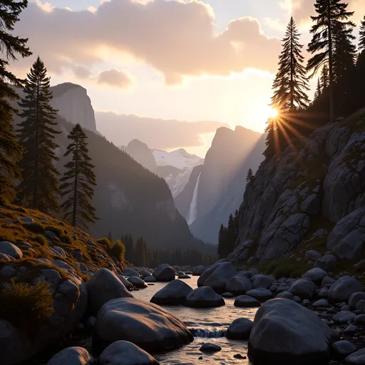 Prompt: Sunrise from a mountain view with waterfall. include rocks and trees on the side