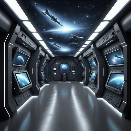 Prompt: make a super futuristic spacey wallpaper that represents security with spacey military  and put monitors with locks on the screen going down the hall way make some neat cable managment make the hallway open into space and make ufo fighter jets soaring through time and space and a few comets