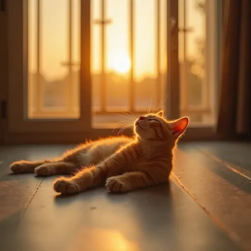 Prompt: A ginger kitten is lying on the floor in front of the balcony, just after finishing a stretch. Now all his muscles are relaxed, and his eyes are half-closed. The setting sun is shining on his fur, casting a golden hour light. Front Light. hyper realistic. The angle is zoomed in from a distance.