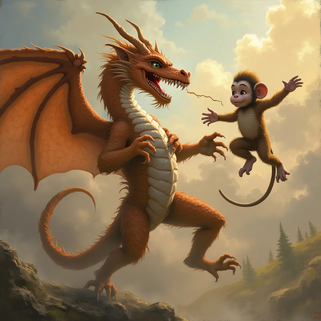 Prompt: a dragon blowing wind at a monkey
