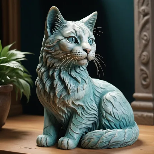 Prompt: Cat sculptor, aqua marine stone material, detailed carving, high quality, realistic, vibrant colors, lively lighting, detailed features, professional, sculpted fur, lifelike eyes, intricate design, realistic texture, vibrant atmosphere, expertly carved, best quality, highres, detailed, realistic, vibrant, lively lighting