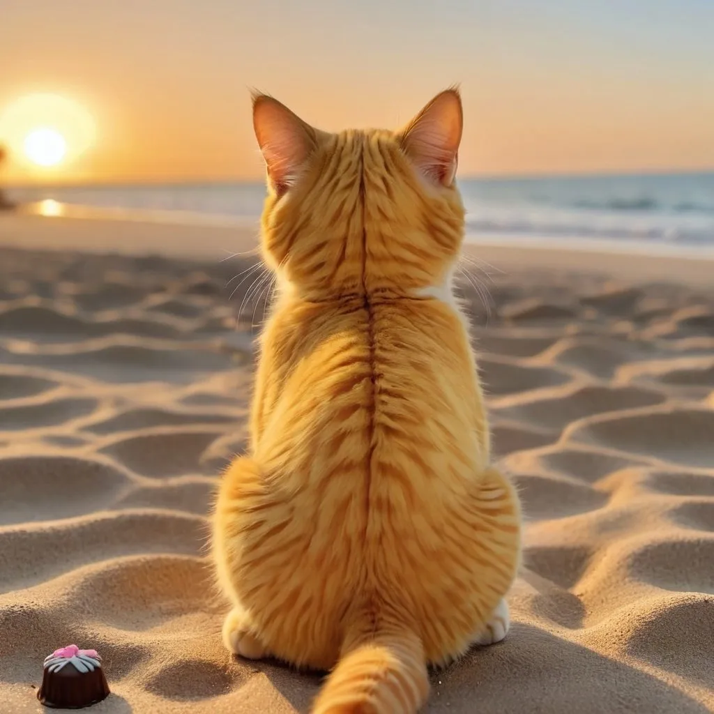 Prompt: The back of yellow cute cat 
🐱 with sitting on the sand watching the sunset after eating chocolates