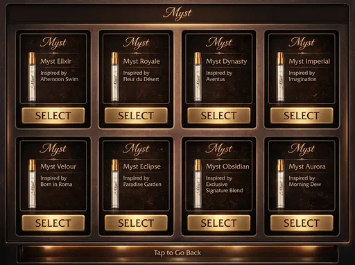 Prompt: i need a home menu screen built with all these pictures and extreamly brief info just name and inspired by...keep layout and style the exact same
8 in total i need them all on the same page for a menu screen on a vending machine , can we turn it landscape for a clearer fit , CHANGE FROM "ADD TO CART" TO SELECT"
