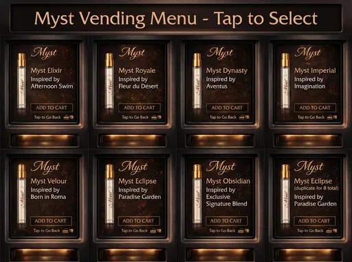 Prompt: i need a home menu screen built with all these pictures and extreamly brief info just name and inspired by...keep layout and style the exact same
8 in total i need them all on the same page for a menu screen on a vending machine , can we turn it landscape for a clearer fit
