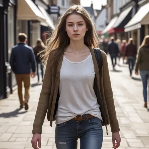 Prompt: Tall young woman walking down the high street, detailed clothing, realistic, natural lighting