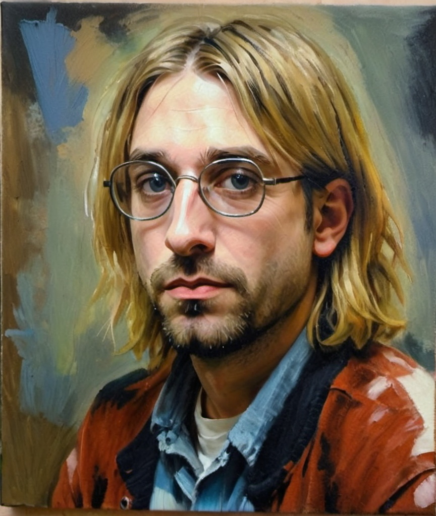 Prompt: portrait of kurt cobain oil paint