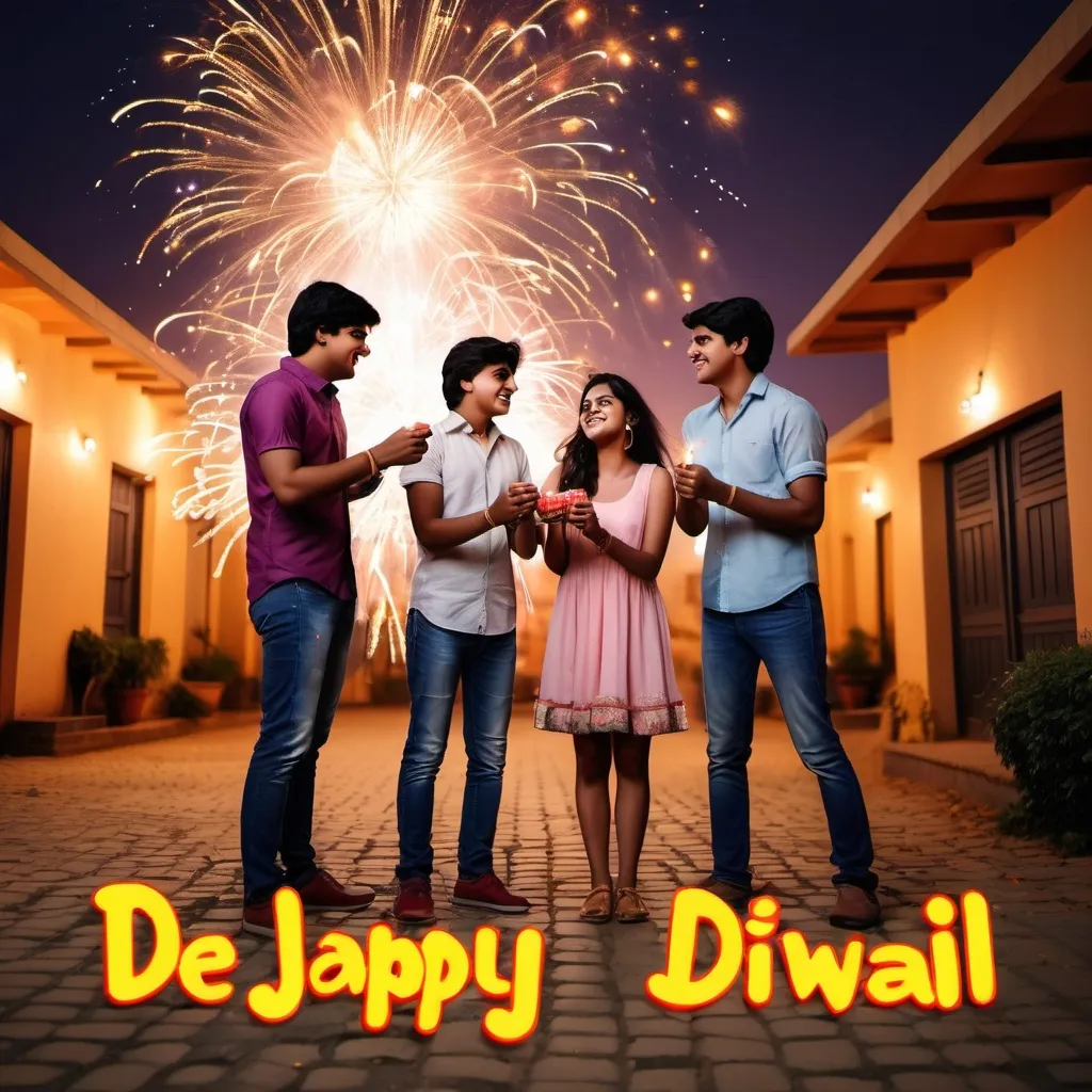 Prompt: Create "DDLJ Diwali" typed funny English Diwali  photo having 3 boys and one girl as friends at least with lights and fireworks