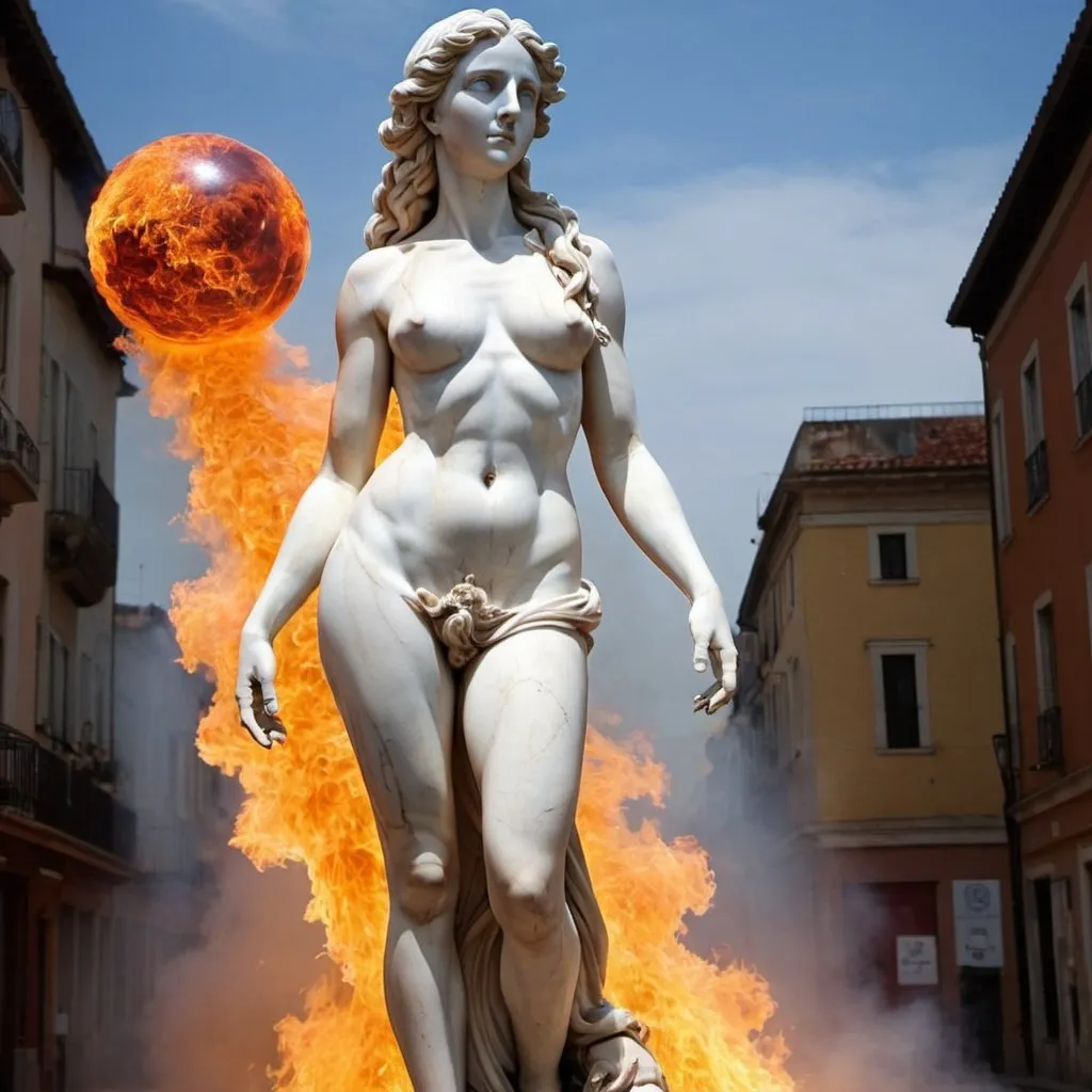 Prompt: Una estatua de venus en un infierno llameante protegida por una burbuja