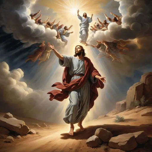 Prompt: In the artistic depiction, Saul is shown falling to his knees on the dusty road, his face contorted in astonishment and awe as a brilliant light envelops him. Jesus, bathed in radiant light, extends a hand towards Saul, who shields his eyes in humility. Surrounding them, swirling clouds and celestial beings symbolize the divine intervention of the transformation. This powerful moment captures the profound spiritual awakening of Saul as he transitions from persecutor to apostle under the divine guidance of Jesus on the road to Damascus.