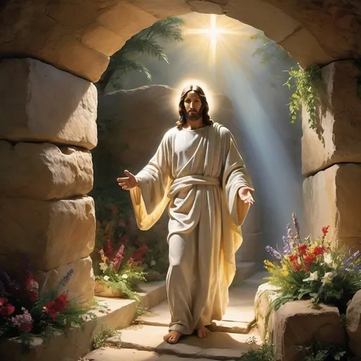 Prompt: In the tranquil garden tomb, the stone is rolled away, revealing an empty sepulcher bathed in ethereal light. Jesus emerges, radiant and triumphant, his wounds transformed into symbols of redemption. Jesus extends his hand in blessing, signifying victory over sin and death. This awe-inspiring moment captures the miraculous resurrection of Jesus, epitomizing hope and eternal life for humanity.
