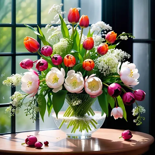 Prompt: Imagine an enchanting floral display, vibrant and abundant, set against a soft, pastel background. The centerpiece of this artistic arrangement is a lush cascade of flowers in a spectrum of harmoniously matching colors. Vivid tulips, delicate peonies, and ethereal cherry blossoms come together, each petal perfectly placed to create a symphony of colors ranging from deep magenta to gentle blush pink, with splashes of sunny yellow and soft lavender.

Interspersed among the blooms are sprigs of baby’s breath and verdant leaves, adding texture and depth to the display. The entire scene is bathed in a gentle light, which illuminates the dewy freshness of the flowers and casts subtle shadows that dance quietly across the arrangement.