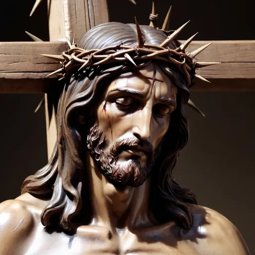 Prompt: Jesus bowing head slightly, attached to cross (crucified), with a crown of thorns on his head, and a spear wound on proper right side of his body.