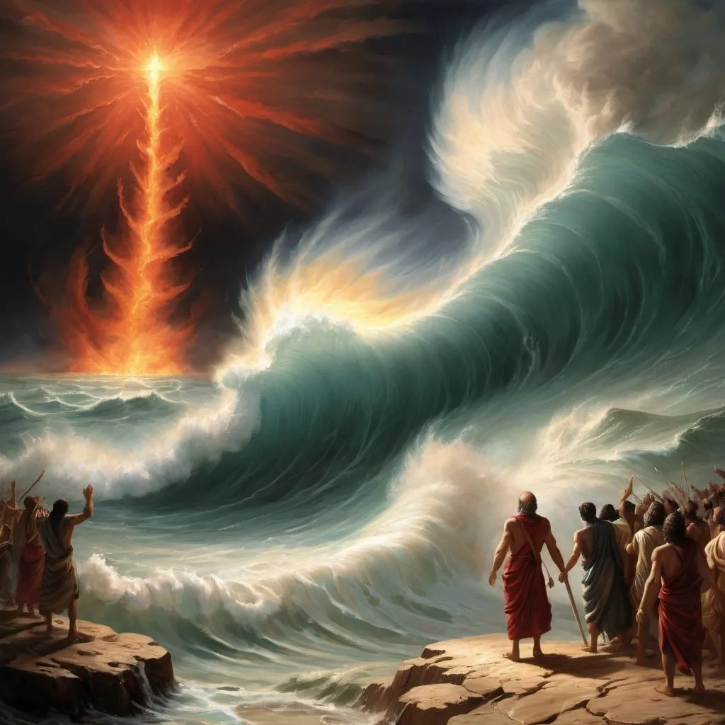 Prompt: Moses stands at the water's edge, staff outstretched, as tumultuous waves tower on either side, revealing a path of dry land. The Israelites, wide-eyed with wonder, traverse the exposed seabed, while behind them, the Egyptian army is engulfed in swirling waters. Above, a fiery pillar illuminates the scene, symbolizing divine intervention. This breathtaking moment captures the miraculous parting of the Red Sea, showcasing God's power and protection as the Israelites escape and embark on their journey to freedom.