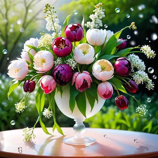 Prompt: Imagine an enchanting floral display, vibrant and abundant, set against a soft, pastel background. The centerpiece of this artistic arrangement is a lush cascade of flowers in a spectrum of harmoniously matching colors. Vivid tulips, delicate peonies, and ethereal cherry blossoms come together, each petal perfectly placed to create a symphony of colors ranging from deep magenta to gentle blush pink, with splashes of sunny yellow and soft lavender.

Interspersed among the blooms are sprigs of baby’s breath and verdant leaves, adding texture and depth to the display. The entire scene is bathed in a gentle light, which illuminates the dewy freshness of the flowers and casts subtle shadows that dance quietly across the arrangement.