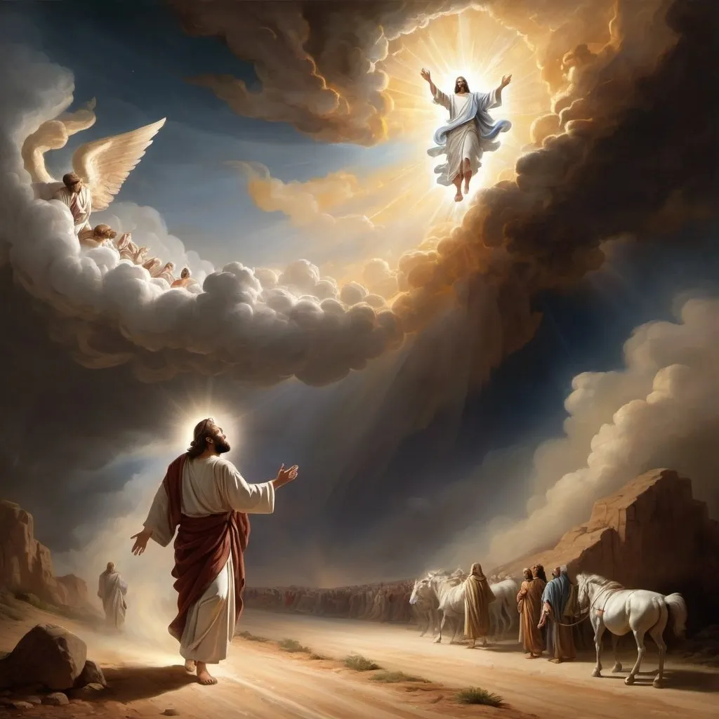 Prompt: In the artistic depiction, Saul is shown falling to his knees on the dusty road, his face contorted in astonishment and awe as a brilliant light envelops him. Jesus, bathed in radiant light, extends a hand towards Saul, who shields his eyes in humility. Surrounding them, swirling clouds and celestial beings symbolize the divine intervention of the transformation. This powerful moment captures the profound spiritual awakening of Saul as he transitions from persecutor to apostle under the divine guidance of Jesus on the road to Damascus.