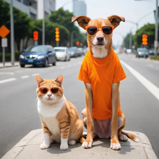 Prompt: streetlight and traffic light , dog and cat wears orange TShirt with sunglass  