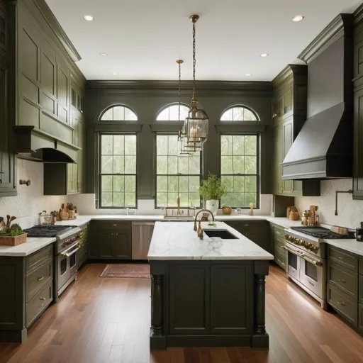 Prompt: Large rectangular shaped gourmet kitchen 15 feet wide by 25 feet long with High white ceilings and large windows over kitchen sink, with a door to outside on right side of sink, island with seating, dark olive green cabinets, use of brick in cove tray ceiling, white walls, brass hood over stove. wood floors. 