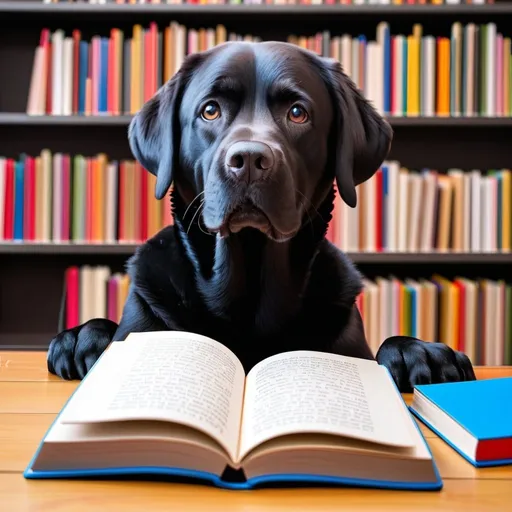 Prompt: Muscular Labrador read book