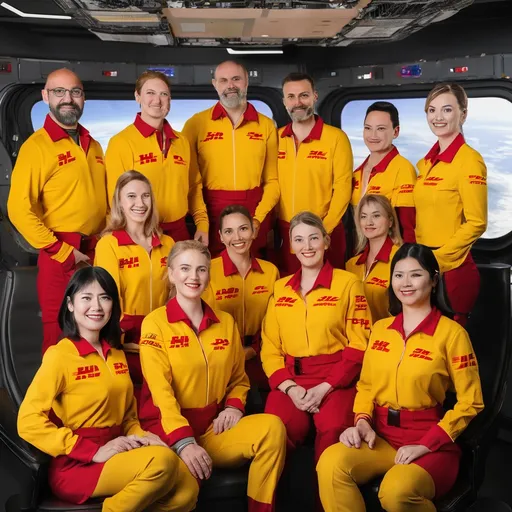 Prompt: Group of 15 people with DHL uniform in space