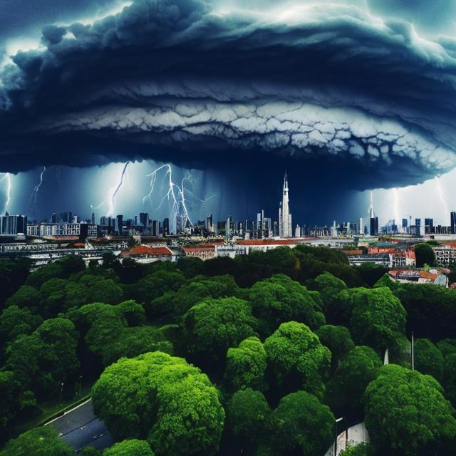 Prompt: An eco friendly city with lots of beautiful tall buildings covered in plant life. flying cars, trains the works. but a a large dark ominous storm is approaching