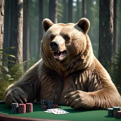 Prompt: A bear that has just won a poker tournament, sitting in the forest looking very happy, 4k, photo realistic 