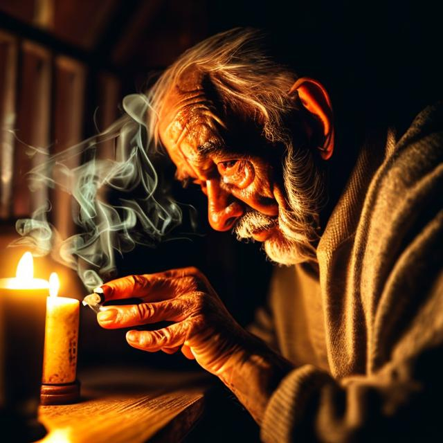 Prompt: Old man smoke  cigaret in cottage in candle light