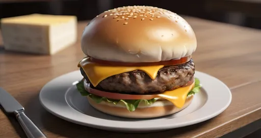 Prompt: a hamburger with cheese on a bun on a table , Ed Benedict, hyperrealism, unreal engine 5 quality render, a stock photo