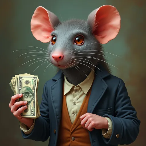 Prompt: make a rat, that looks wealthy , has money stacks in its hand, and male energy,  serious, no funny business type of energy