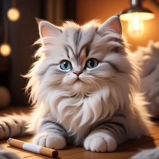 Prompt: (cute baby cat with long hair), relaxing pose, holding a cigarette playfully, whimsical atmosphere, cozy background with soft pillows and warm lighting, fluffy fur texture, vibrant colors, charmingly mischievous expression, ultra-detailed, 4K quality, endearing personality, playful mood, inviting setting.