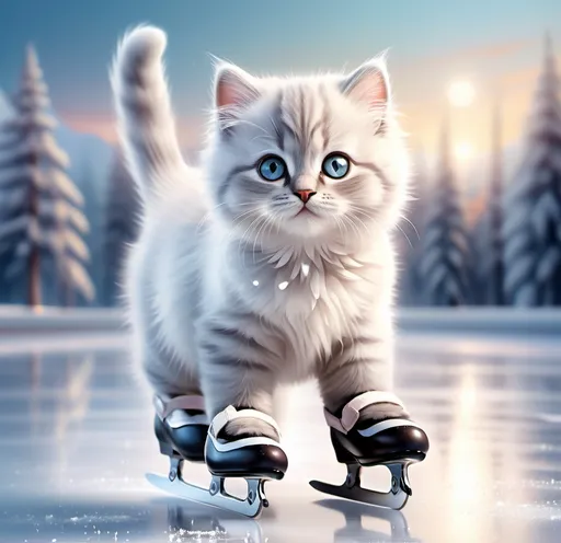 Prompt: (photorealistic), (adorable fluffy baby cat) gracefully enjoying ice skating, surrounded by a beautiful snowy landscape, twinkling light reflections on the ice, charming winter ambiance, soft cool tones, playful expressions, high detail and clarity, (advertisement quality), ultra-detailed portrayal, captivating, vibrant atmosphere.