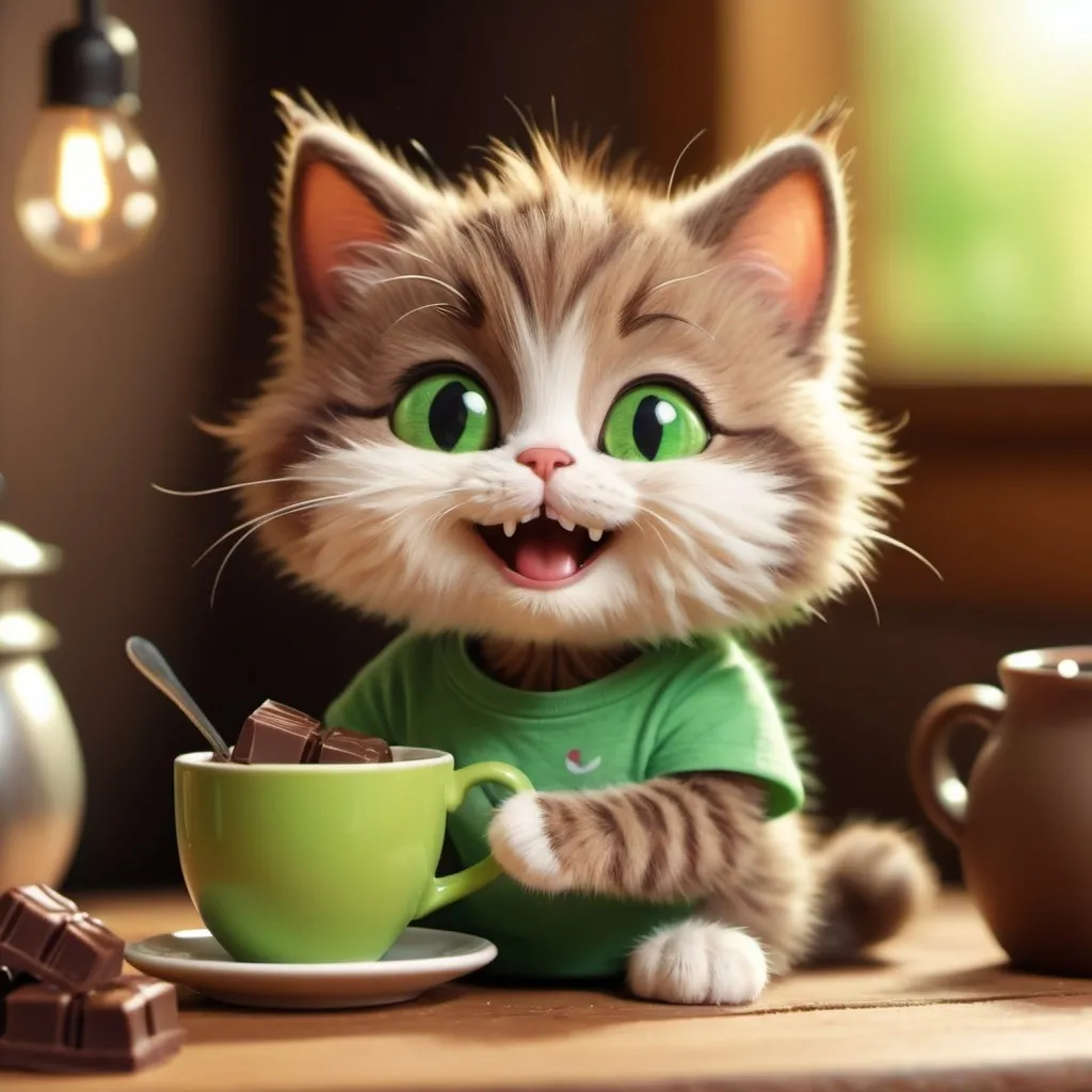 Prompt: a tiny cat habillé en t shirt vert mange Du chocolat in his Mouthe 