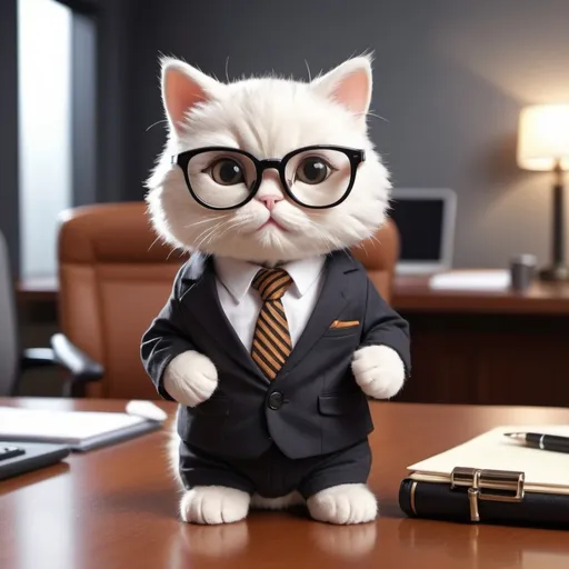 Prompt: (adorable tiny cat dressed as a manager in a meeting), suited outfit, briefcase beside, serious expression, cute oversized glasses, modern office background, conference table, warm lighting, cozy atmosphere, soft colors, 4K resolution, ultra-detailed, whimsical charm, humorous contrast of cuteness and professionalism.