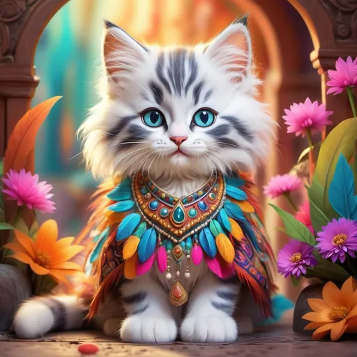 Prompt: (cute baby cat with long hair), (adorable kitten), elegantly dressed in (traditional Indian American with plume attire), vibrant colors, intricate patterns, soft lighting, whimsical atmosphere, charming pose, highly detailed fur texture, playful expression, elaborate background with vivid flora, ultra-detailed, high quality, dreamlike ambiance, rich jewel tones.