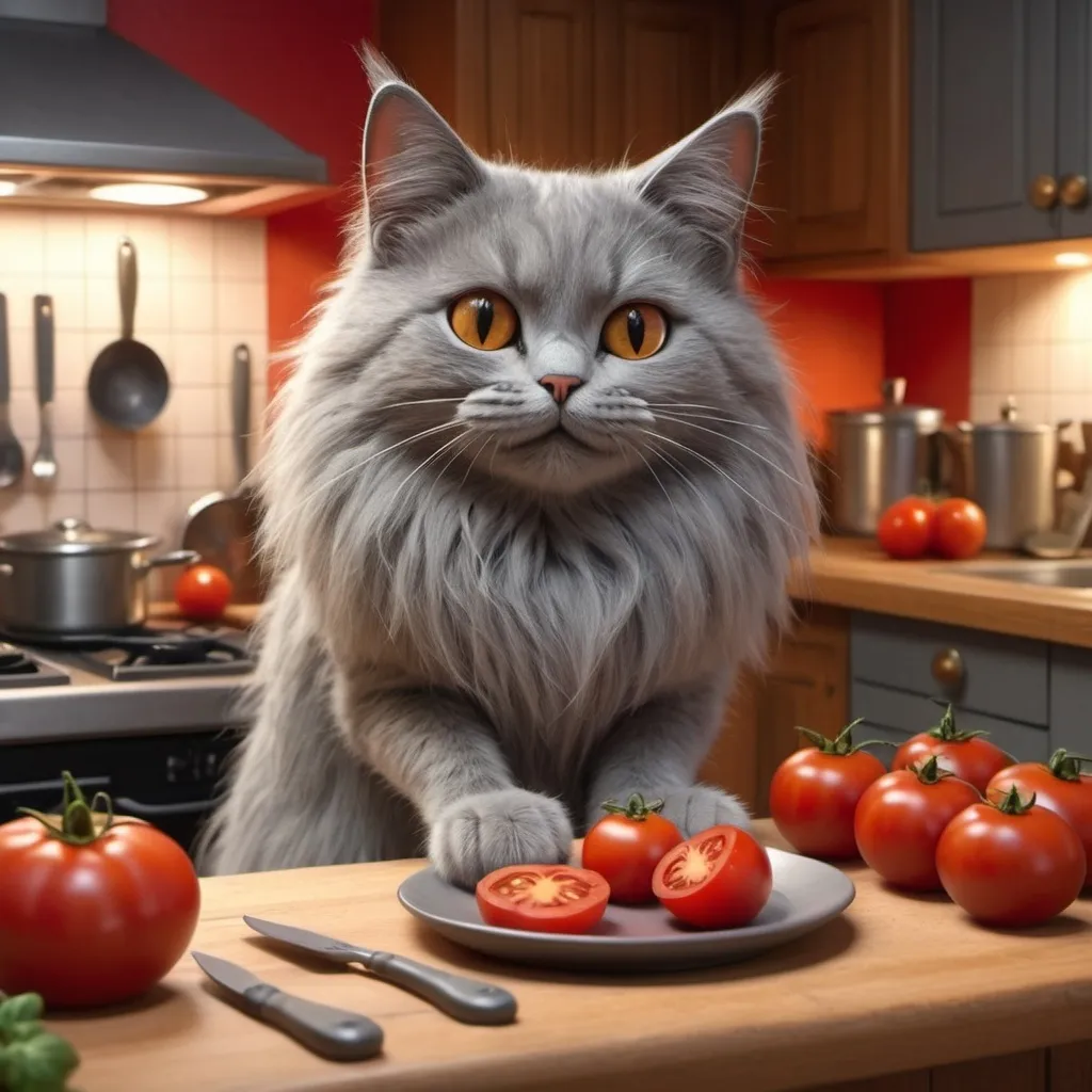 Prompt: Le chat gris au long Poil prépare la tomate  dans la cuisine animation 