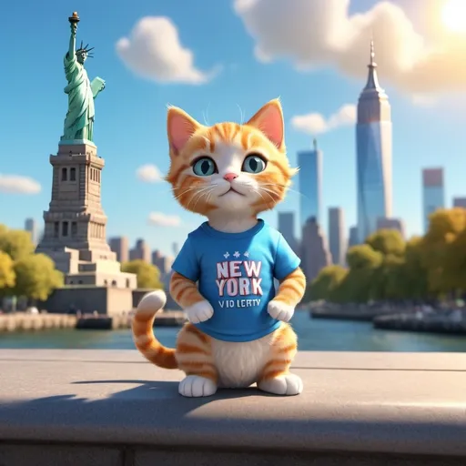 Prompt: Un petit chat  visite New york     habillé en t shirt  bleu  animation realiste 3d statut de la liberté 