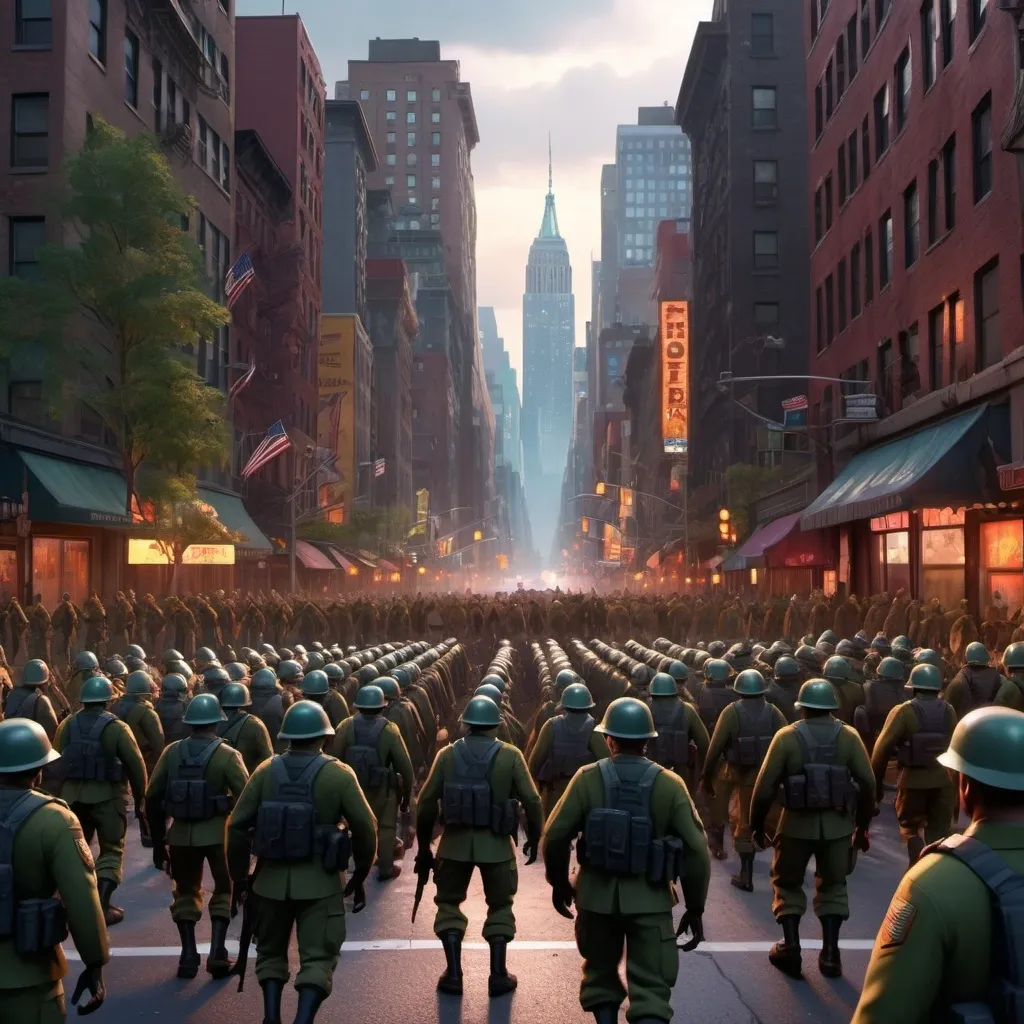 Prompt: L armé dans les rues de New York en face a face des zombies animation 3d Disney 
