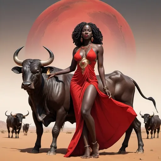 Prompt: ebony Goddess of Mars with Red Dress on traveling with Bulls