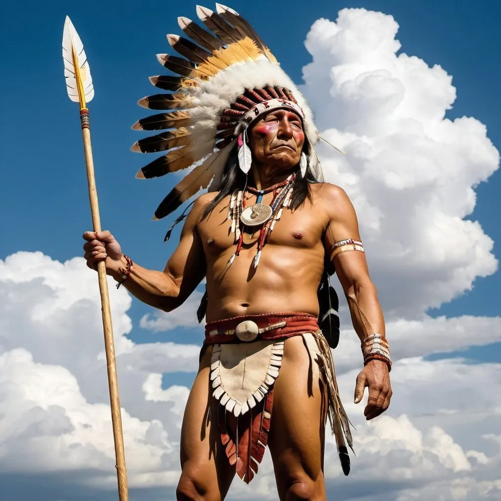 Prompt: Native American Indian Chief. Appearing in the Clouds.  Holding a Gold Tipped Spear in his hand