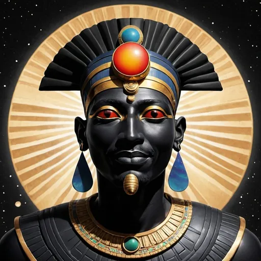 Prompt: Black Sun God Ra smiling down on earth
